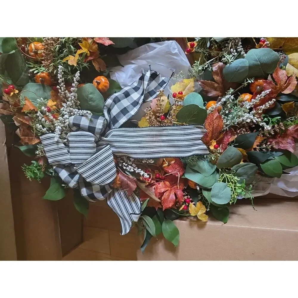 Handmade Autumn Fall Farmhouse Pumpkin Wreath Leaves Buffalo Plaid 26